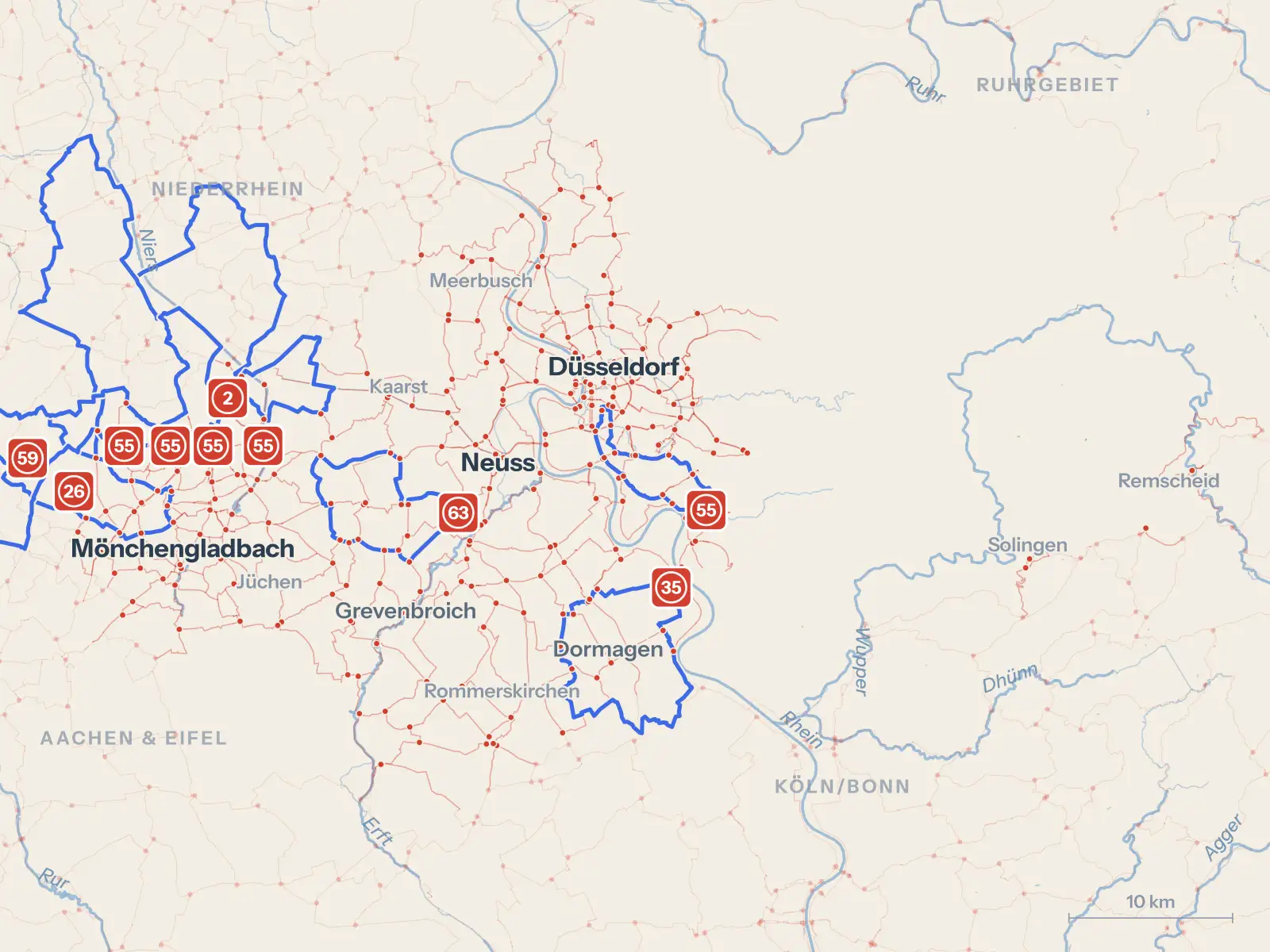 Kartenbild des Knotenpunktnetzes Düsseldorf & Rheinland
