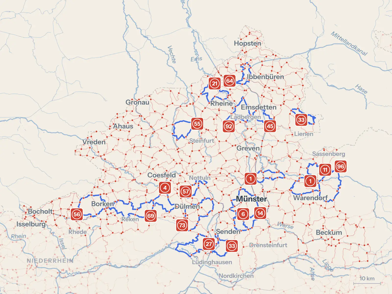 Kartenbild des Knotenpunktnetzes Münsterland