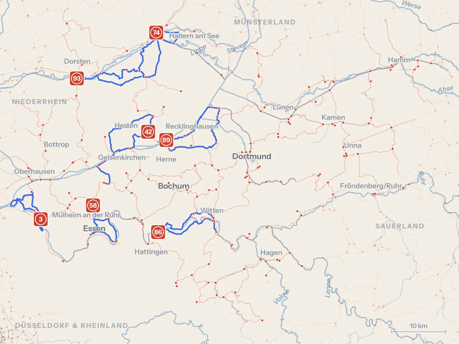 Kartenbild des Knotenpunktnetzes Ruhrgebiet