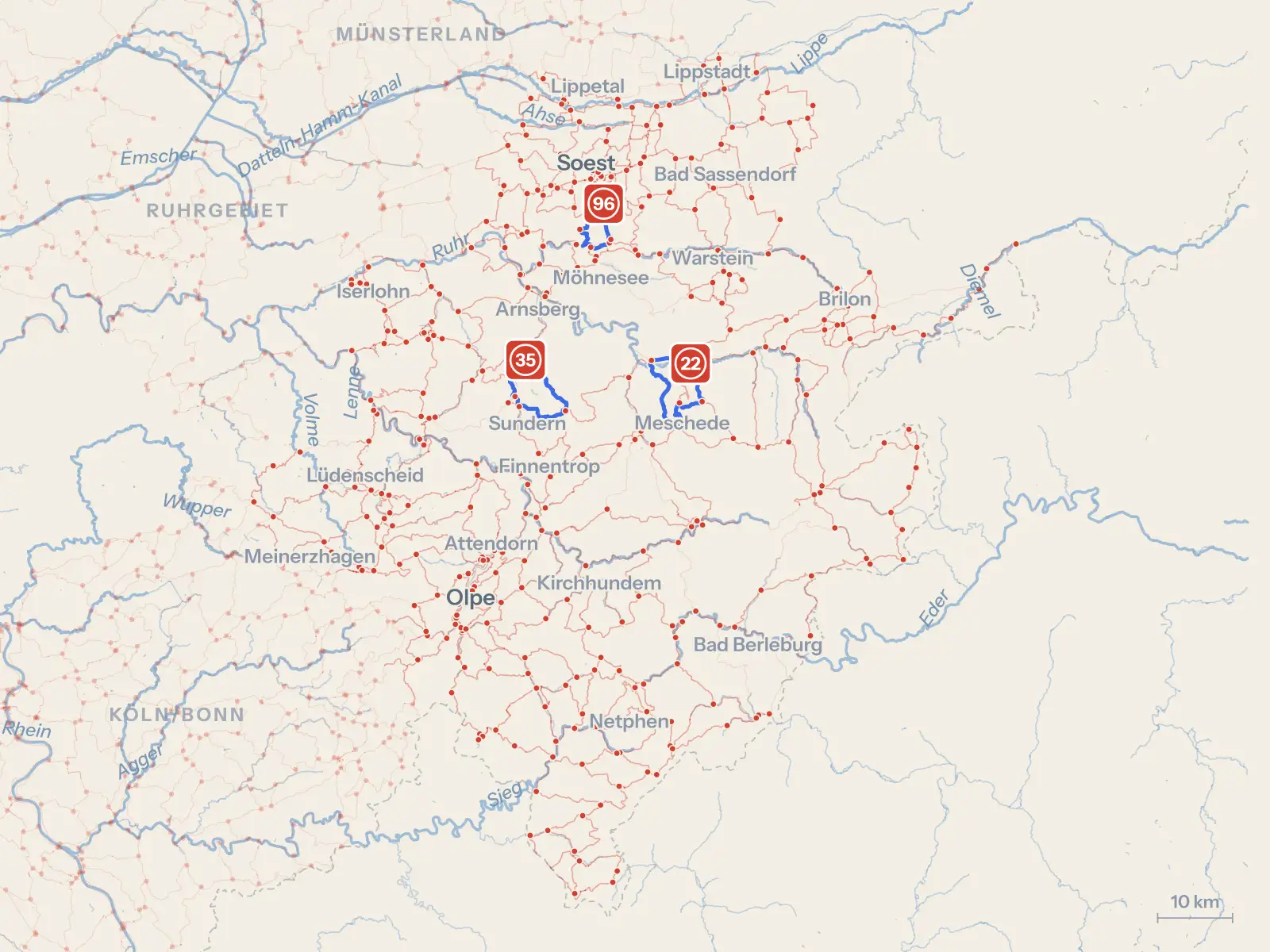 Kartenbild des Knotenpunktnetzes Sauerland